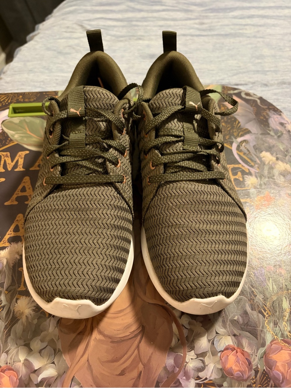 Puma Olive Knit Running Sneakers with White Sole